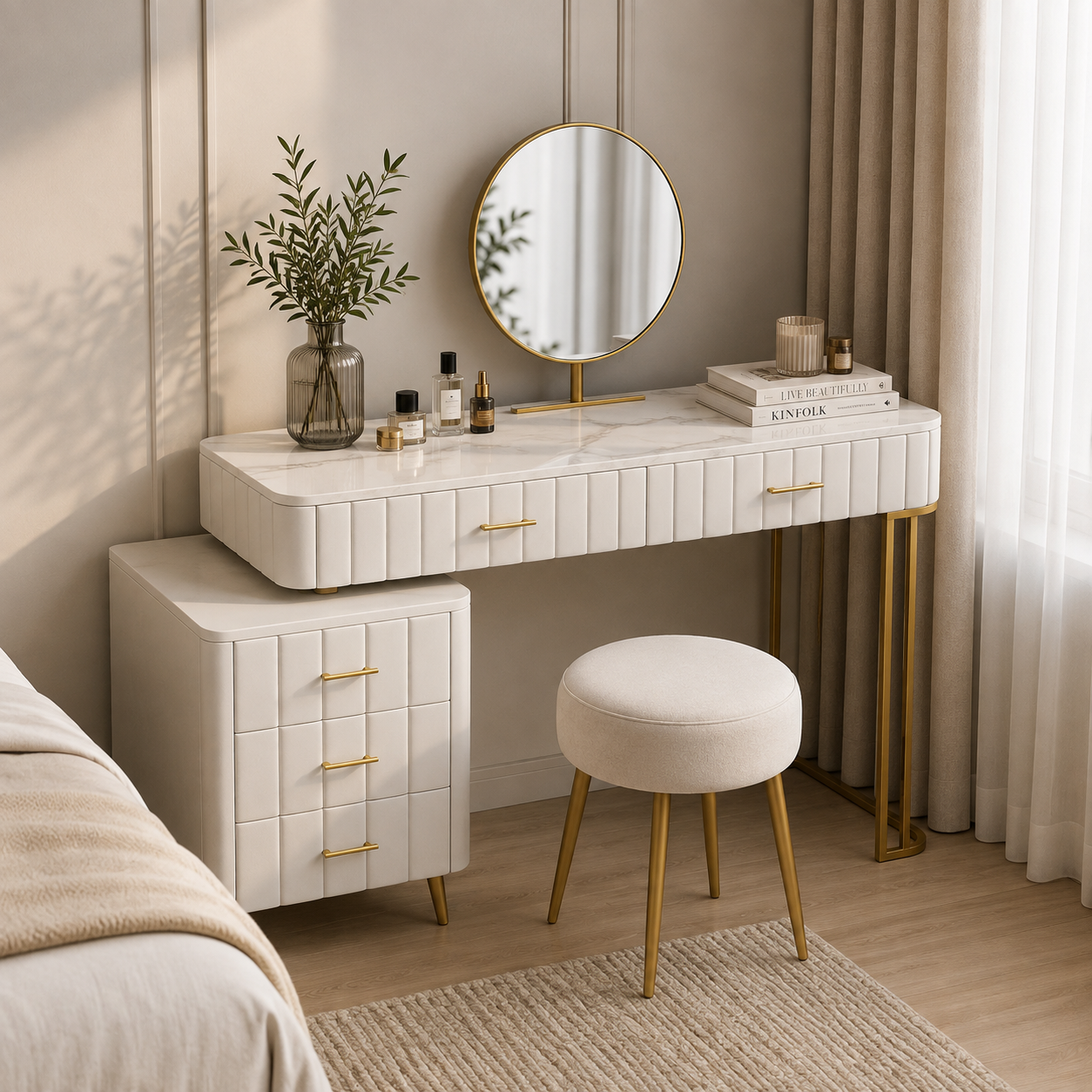 Coiffeuse Moderne 5 Tiroirs + Tabouret et Miroir