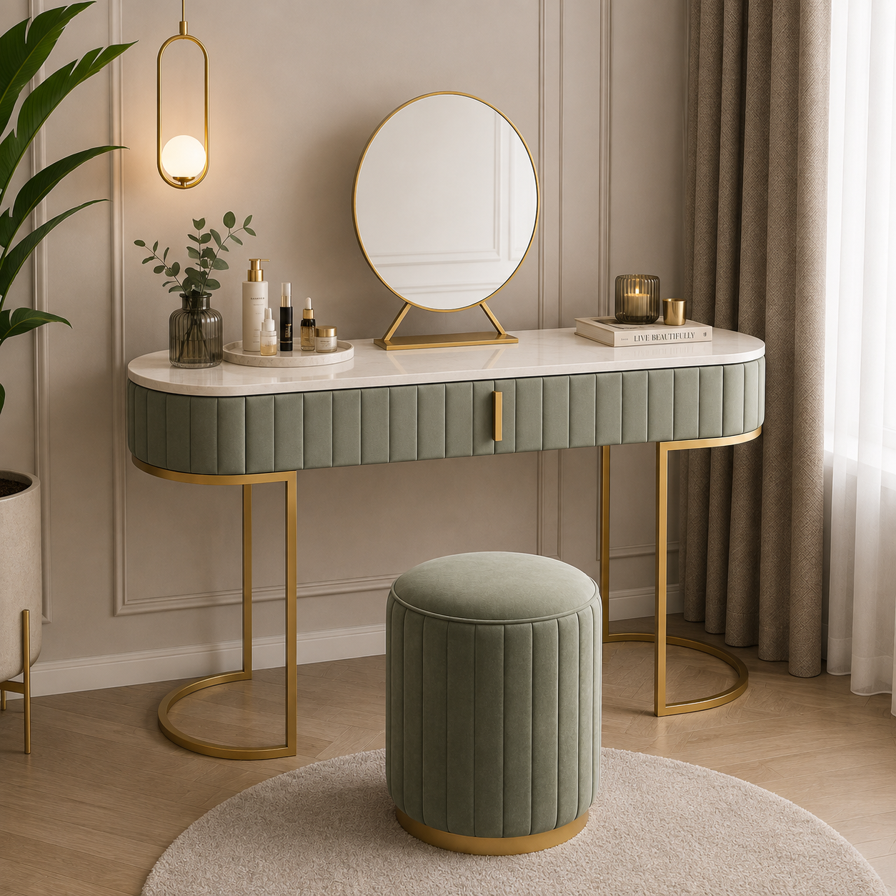 Coiffeuse Nordique + Tabouret et Miroir